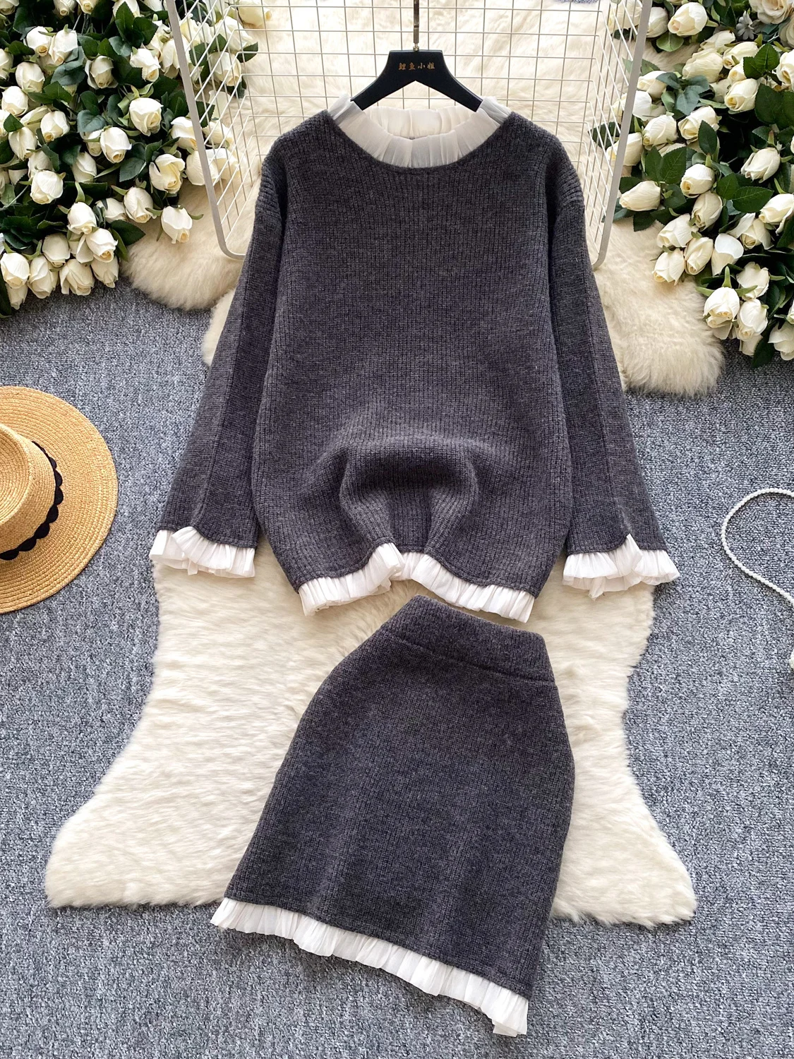 

Женская осенне-зимняя трикотажная длинная юбка с высокой талией, комплект свободного кроя, нежный топ с деревянной деталью ain