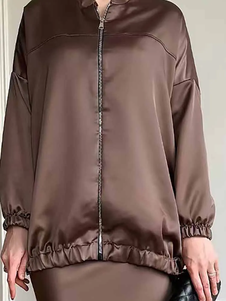 Herbst Casual Langarm Solide Satin Sets Fashion Zipper Top & Lange Röcke 2Pc Outfits frauen Elegante Muslimischen halbe Rock Anzüge