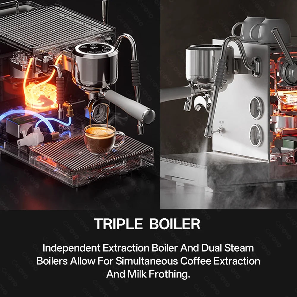 CAFOVO E120 9바 상업용 듀얼 보일러 에스프레소 머신 ULKA 펌프 OPV 시스템 OLED 디스플레이 카페 커피 메이커 220V