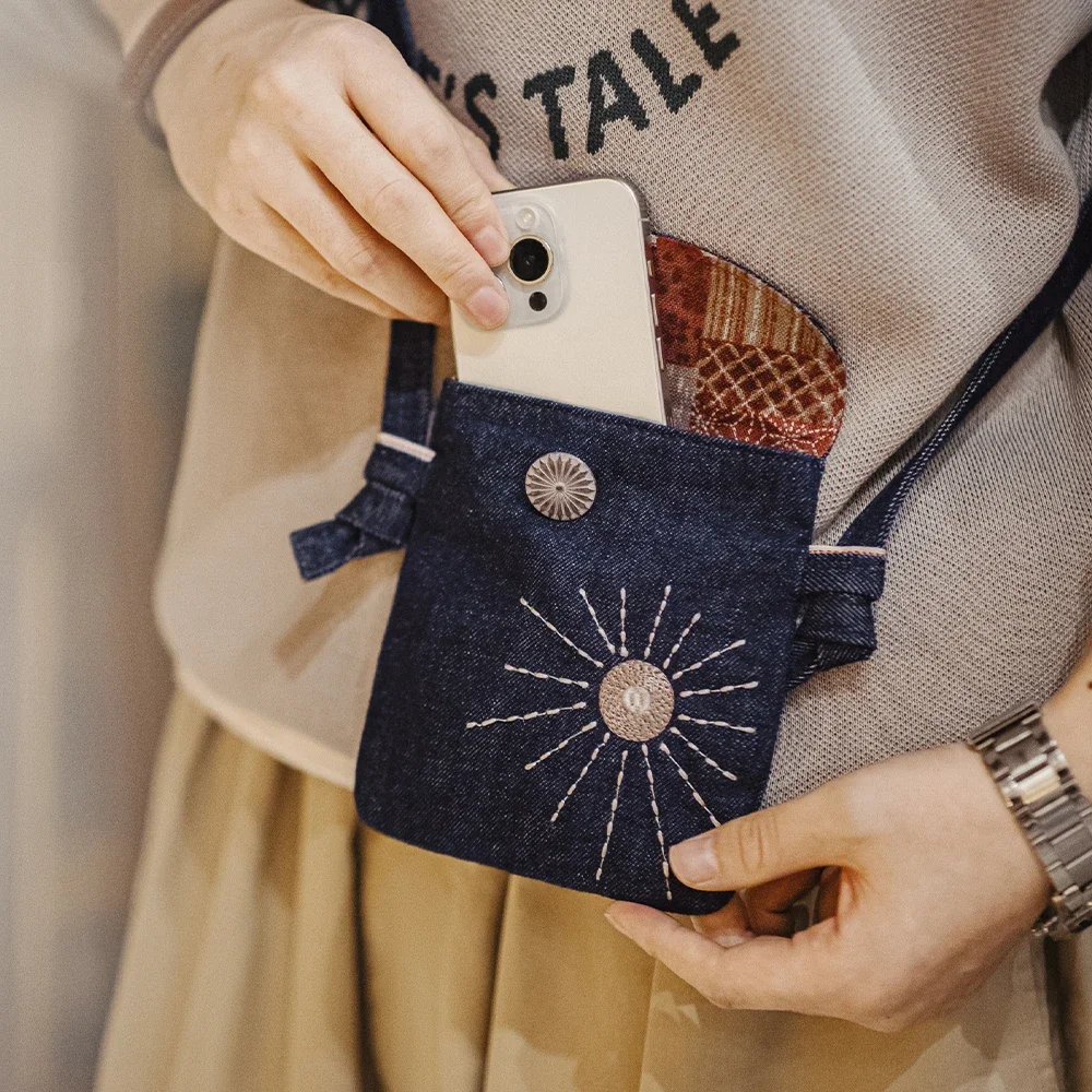 Maden Vintage Ethnic Embroidery Denim Crossbody Bag Unisex Mini Shoulder Purse Portable Phone Coin Daily Handbag