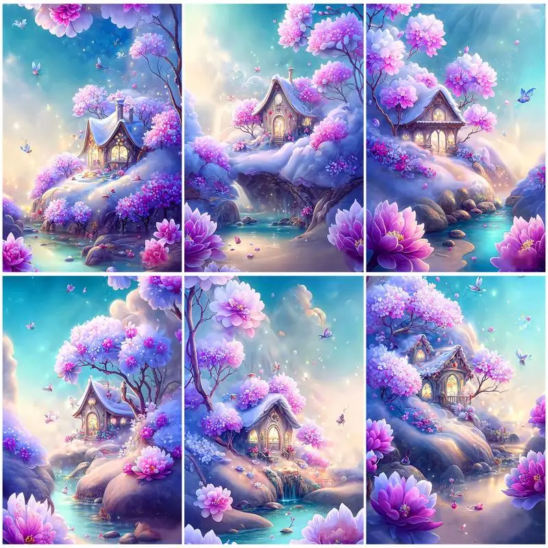 

SDOYUNO Paintings For Painting By Numbers Landscape Purple House Forest Handpainted Oil Painting Crafts Home Decoration