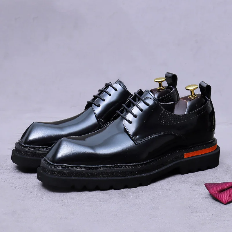 

Men's Thick Soled Genuine Cowhide Leather Shoes Korean Style Business Casual Glossy Formal Derby Heel-Raising Groom Wedding Shoe