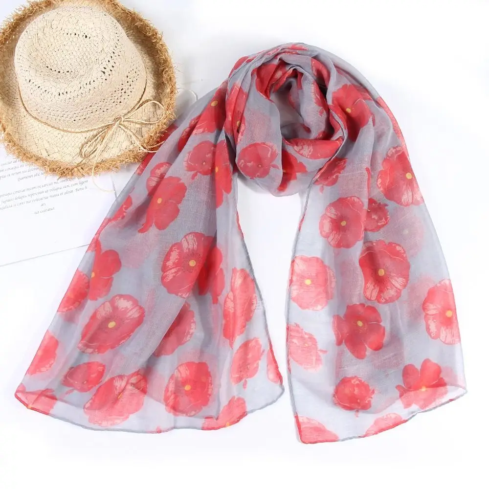 Soft Colorful Poppy Print Scarf Cotton Voile 180*90cm Poppy Floral Shawl Breathable Smooth Poppies Floral Wrap for Women Ladies