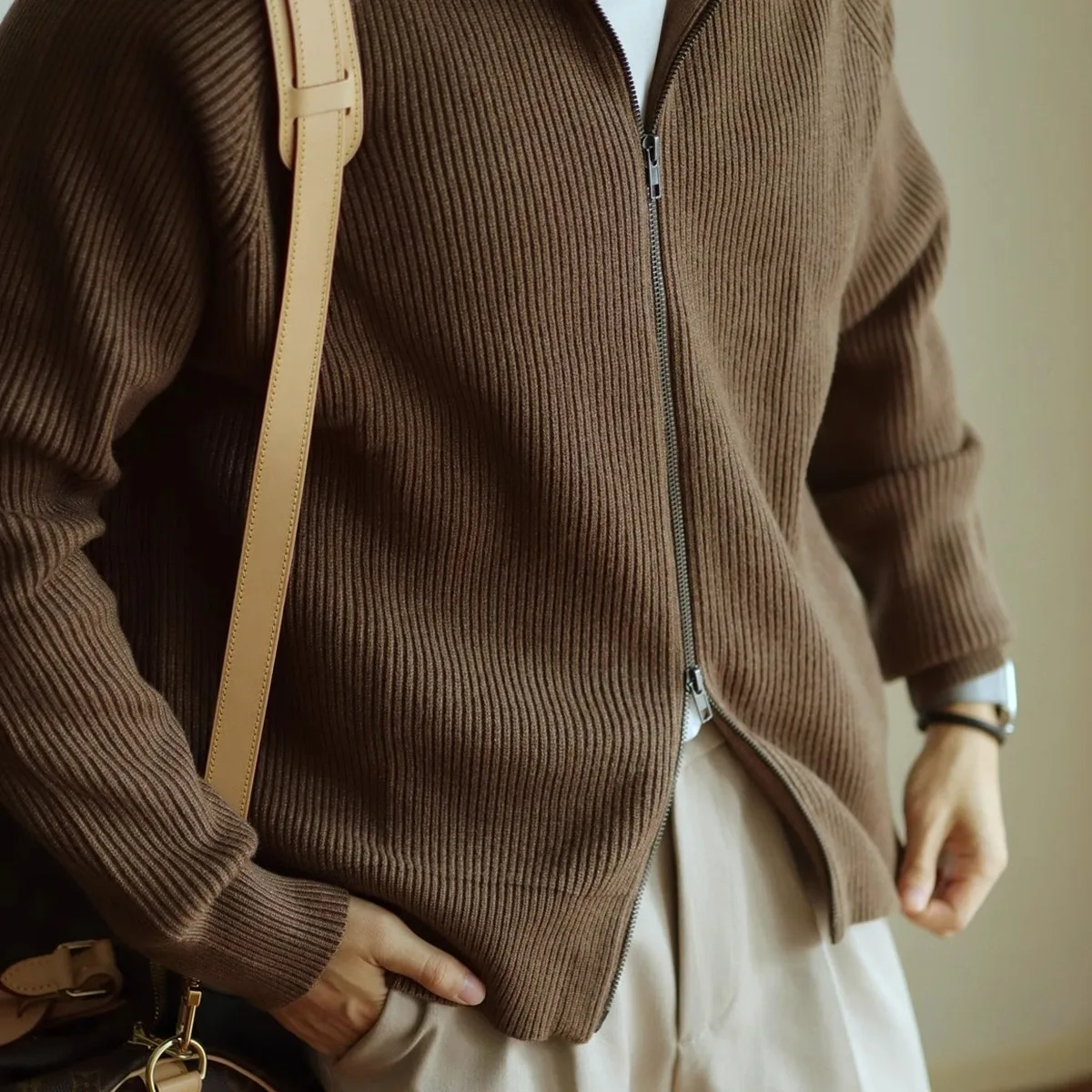 

Retro American Knitted Sweater Men's Zipper Jaet Autumn Winter Warm Heavy Anti-Ball Casual Maturi Open Cardigan Sweater