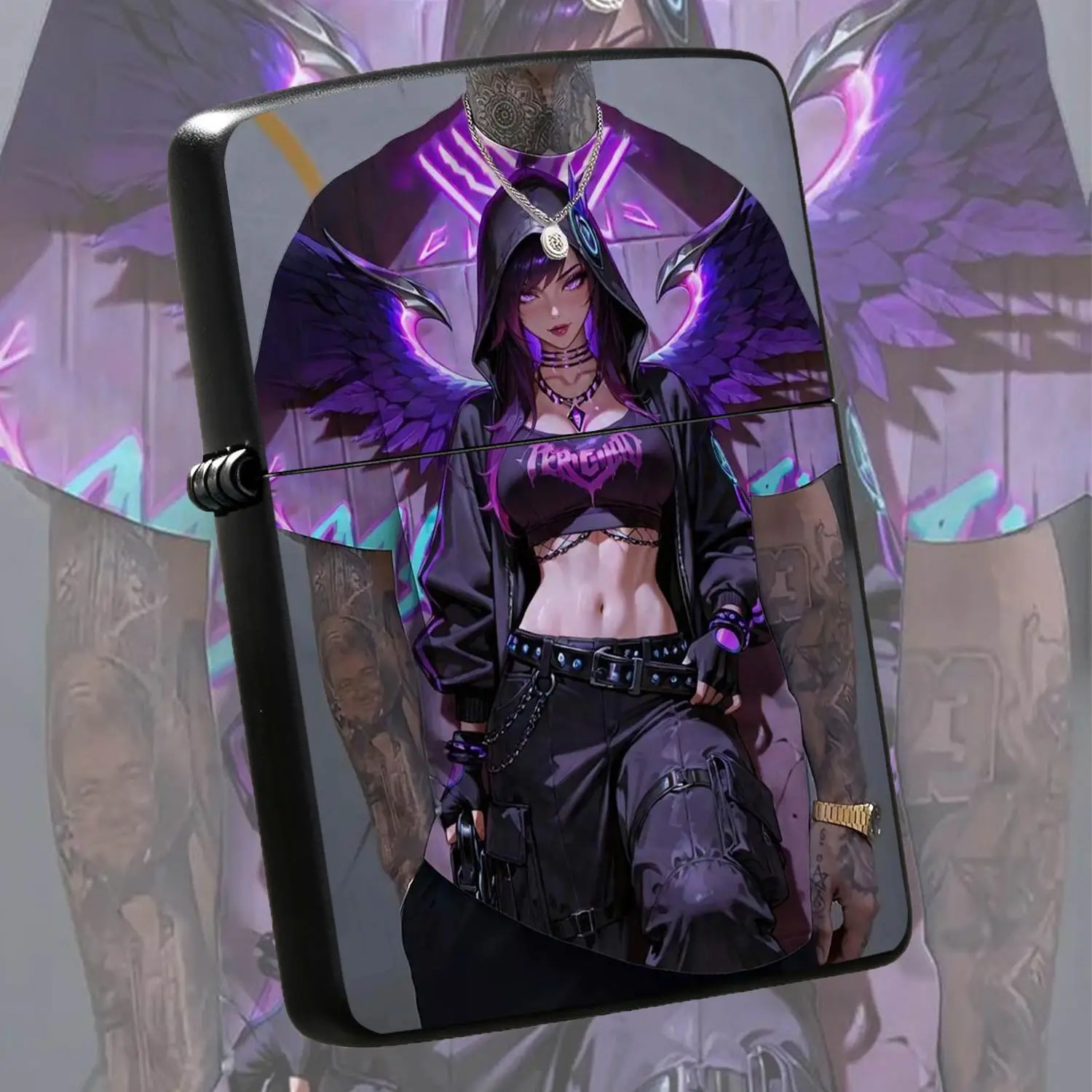 TrendyPurple Wing Anime Girl Print Lighter, Cool Neon Dark Pattern Design, Perfect for Daily Travel, Gatherings, Gifting & Personal Use, Fits All Scenarios to Show Your Unique Aesthetic Taste  A Humorous And Interesting Lighter