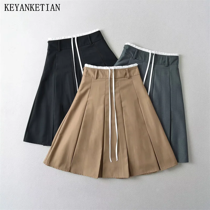 KEYANKETIAN 2024 New Women's Wide Pleated Skirt Preppy Style Patchwork Drawstring Lace Up High waist A Line Knee-Length Skirt