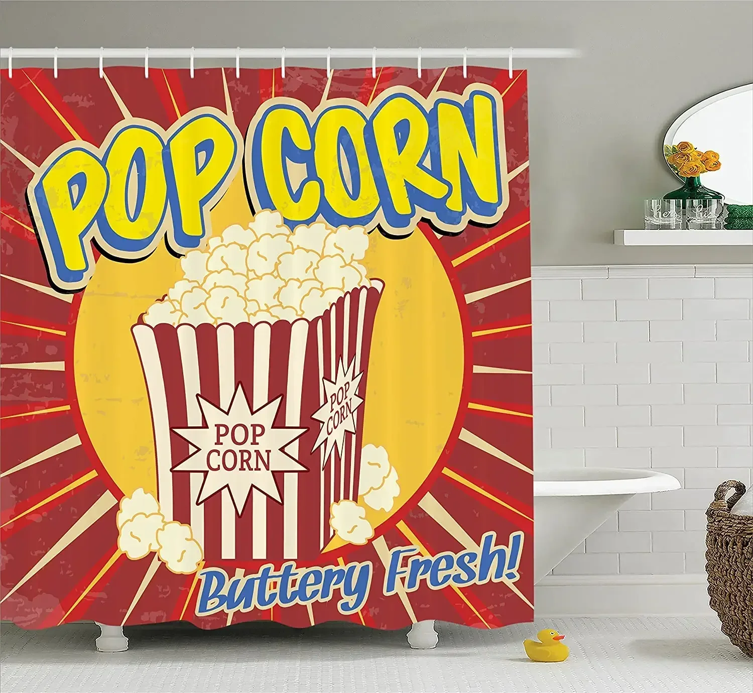 1950S Shower Curtain Vintage Grunge Style Pop Corn Commercial Old Fashioned Cinema Movie Film Snack Artsy Work Bathroom Curtains