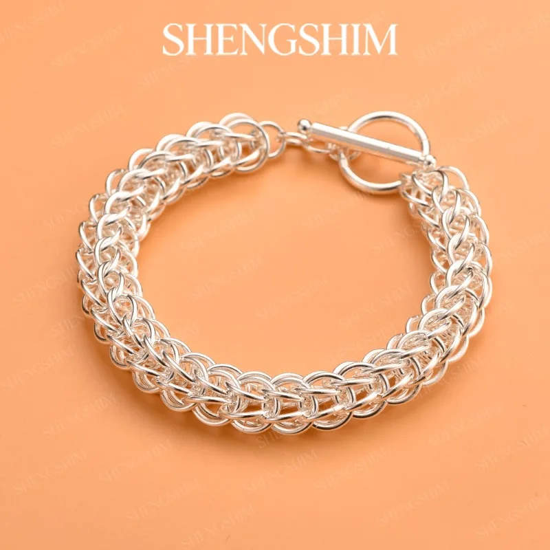 SHENGSHIM 925 Sterling Silver Chunky Interlocking Link Chain OT Board Bracelet For Men Women Fashion Jewelry Party Birthday Gift