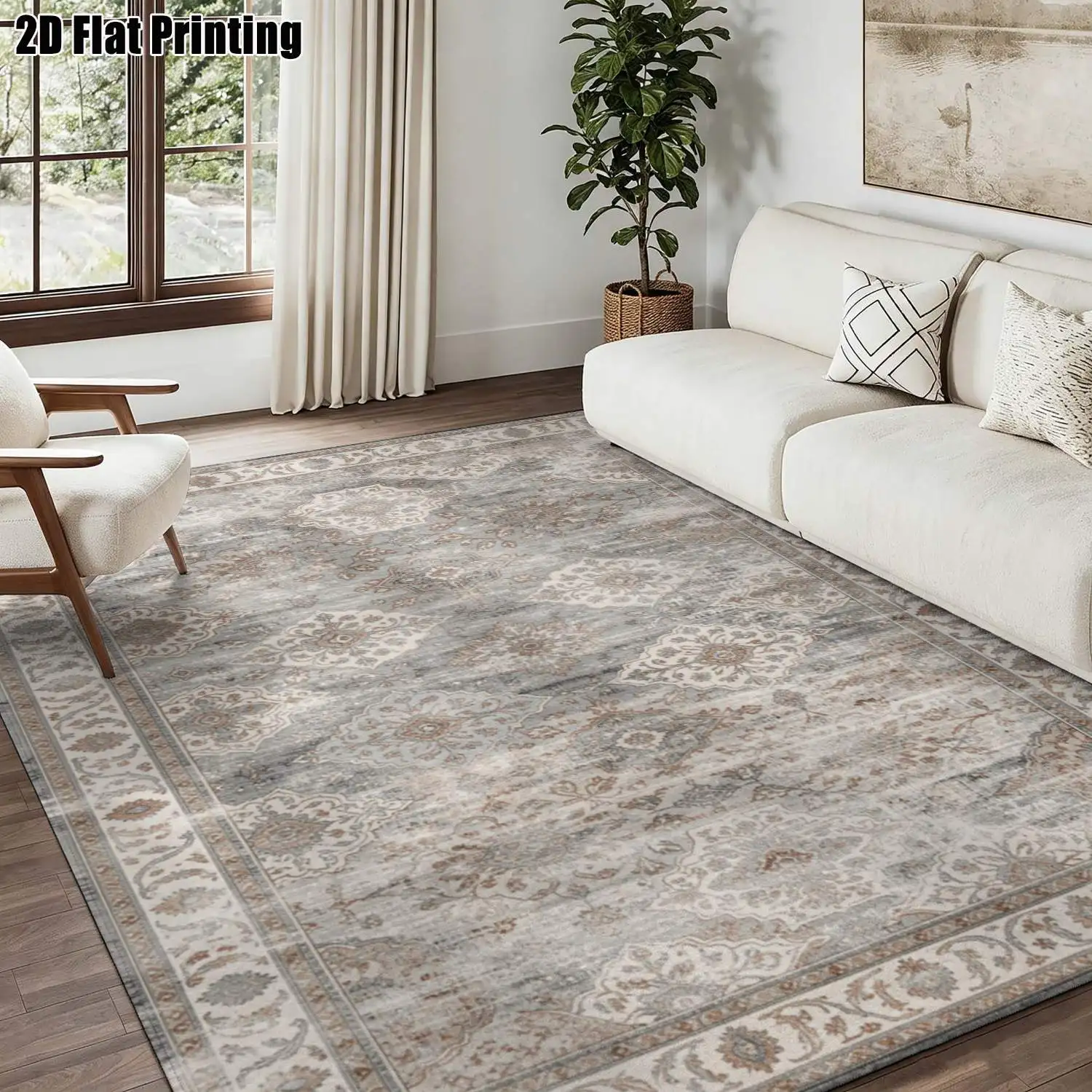1Pc 2D Printed Carpet: Blue-Grey Retro Floral, European/Vintage/Geometric/Bohemian Style Machine Washable, Multi-Size, Ideal for Home Decor, Entryway/Living Room/Bedroom/Dining Room/Foyer.