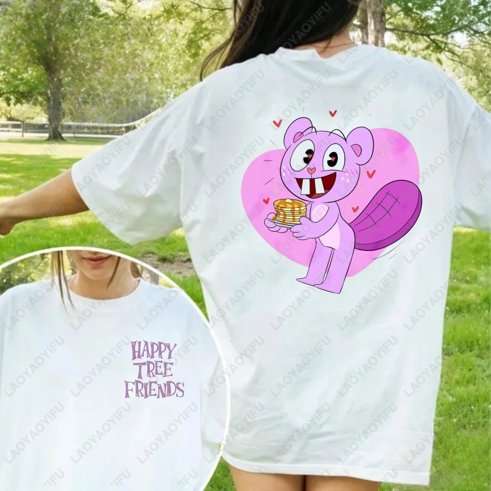

Happy Tree Friends Cartoon Character Pink Squirrel Holding Waffles Heart Design Funny Unisex Cotton T-Shirt Summer Casual Wear