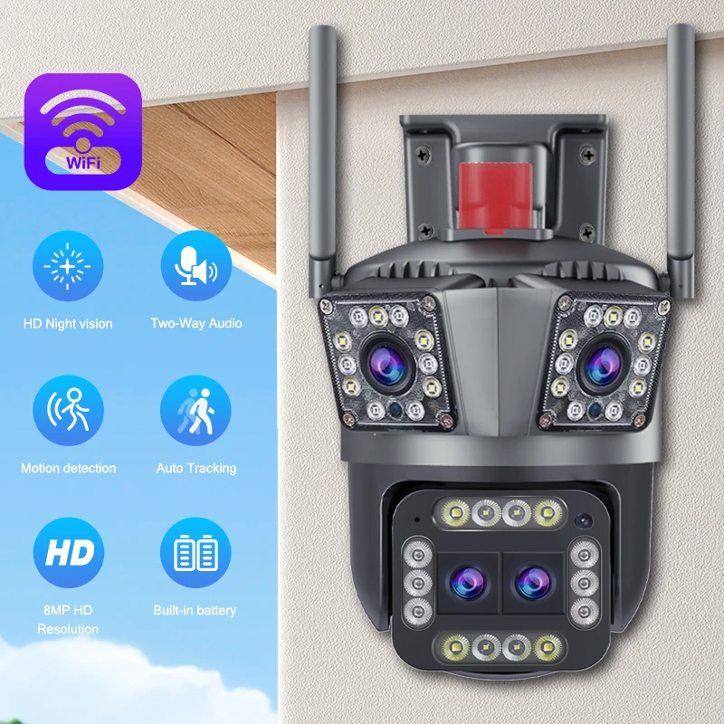 CANSITUM-cámara de seguridad con detección de movimiento para exteriores, dispositivo de vigilancia IP CCTV, 8K, 16MP, lente de tres pantallas,