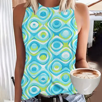 بلوزة نسائية برقبة دائرية بطباعة ثلاثية الأبعاد ، ملابس الشارع النسائية ، كبيرة الحجم ، صدرية برقبة دائرية ، مكشوفة الكتفين ، قميص قصير بلا أكمام ، موضة الصيف
