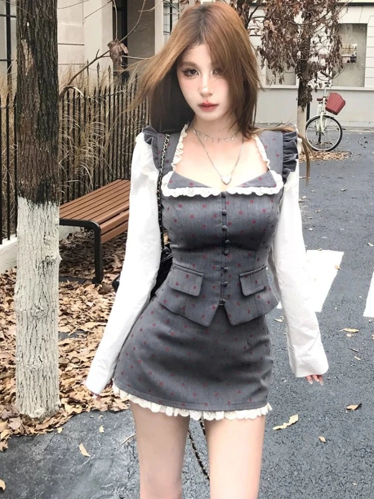 Winter Gray Vintage New Two Piece Set Women Kawaii Lace Tops+sweet Mini Skirt Female Korean Fashion Elegant Japanese Suit 2024