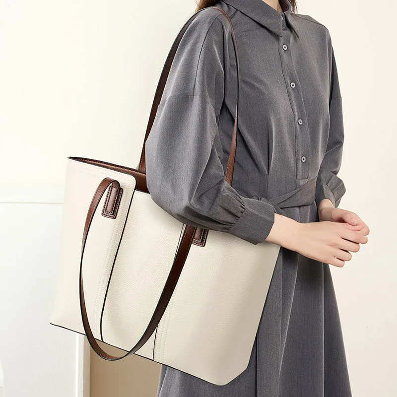 New Trendy Genuine Leather Commuter Bag for Women,Fashion Design Vintage Large Capacity Shoulder Bag Lady Travel Shopping Bag