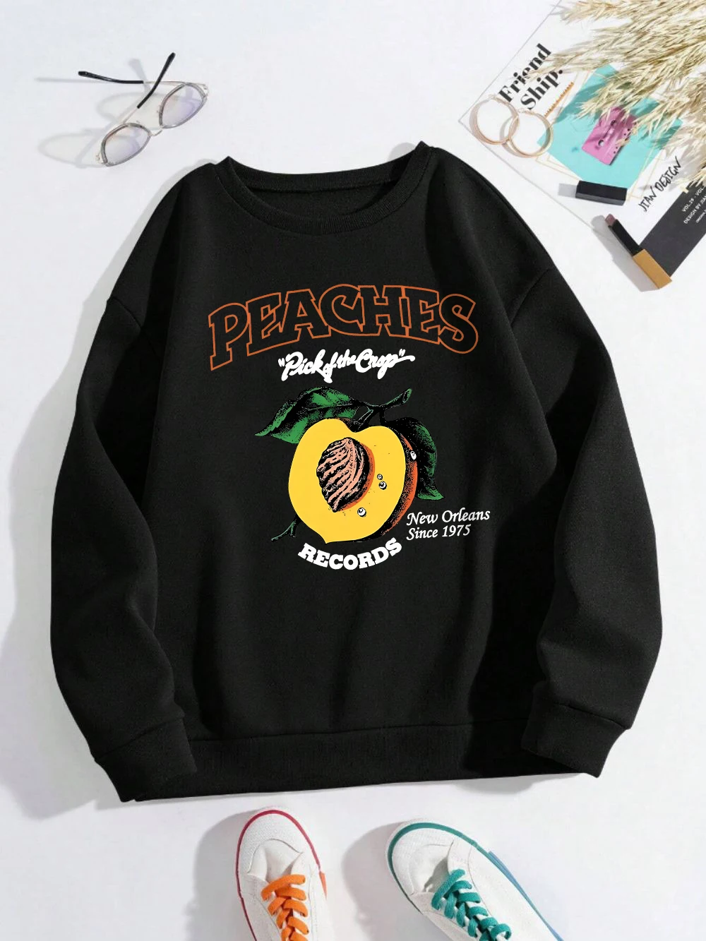 Peaches Records Sweatshirts Women Fresh Fruits Prints Hoodies Fleece Warm Crewneck Loose Pullover Winter Comfortable Female Tops