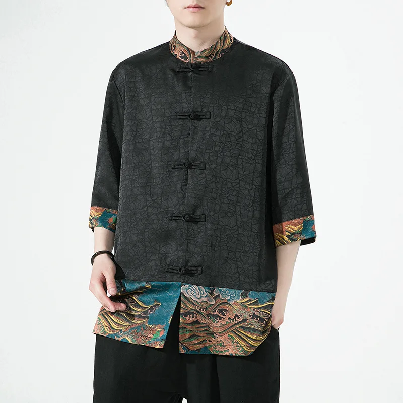 Plus Size New Chinese Style Tang Suit Top Shirt Retro Jacquard Patchwork Print Blouse Button Up Hanfu Summer Loose Satin Coat
