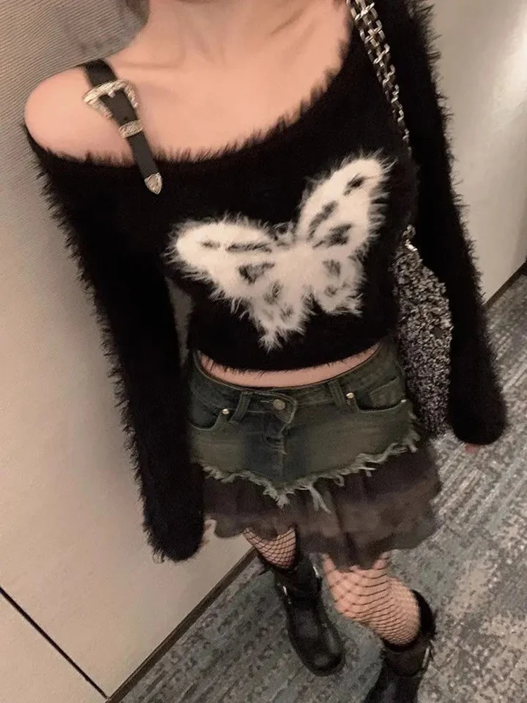 اقتصاص سترة المرأة فراشة خمر قبالة الكتف مثير الخريف الشتاء مائل الرقبة البلوز الإناث عادية محبوك البلوز #1