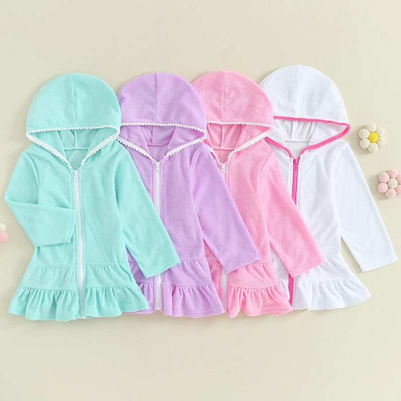 

2-8Y Kids Girls Swimwear Dress Solid Color Hooded Ruffle Long Sleeve Beach Dress Children Bikini Cover-ups Baby Beachwear