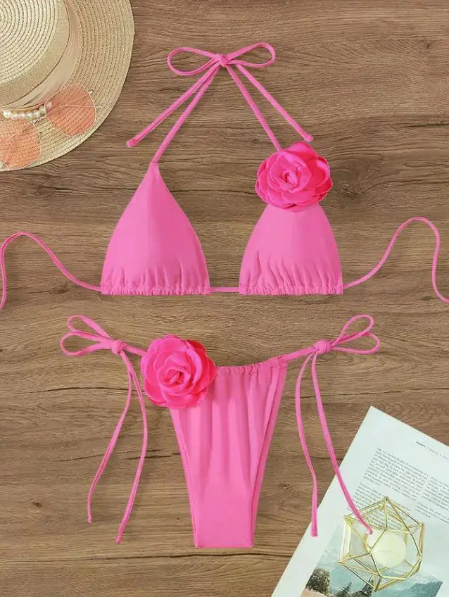 Sexy 3D Flowers Halter Strappy Bikini Women Swimwear Female Swimsuit Two-pieces Bikini Set Bather Bathing Suit Swim