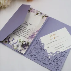 50 Sets Red Violet Tri Fold Pocket Wedding Invitation Card Customize Print Engagement XV Quinceanera Birthday Invitations IC161