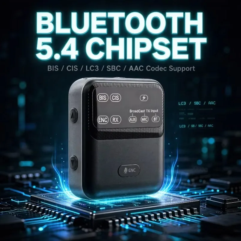 Bluetooth 5.4 Transmitter Receiver 20H Battery BIS Broadcast Audio Adapter 3 in 1 ENC Mic 3.5mm Type-C Portable Clip for Speaker