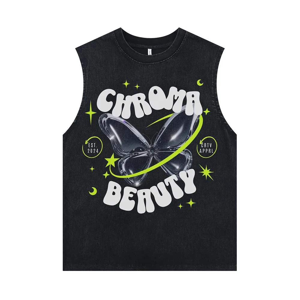 

Kawaii Butterfly Graphic Streetwear Distressed Washed Vest for Women Men Sleeveless Oversize Grunge Goth Summer Tops Tees Shirts