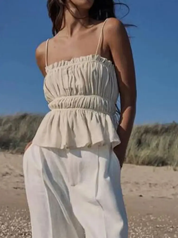 الحلو مثير مطوي الكشكشة حبال صديرية دائرية المرأة أنيقة موجة قطع سترة دون أكمام الصيف الإناث جديد كل مباراة القمم Y2K الشارع الشهير #3