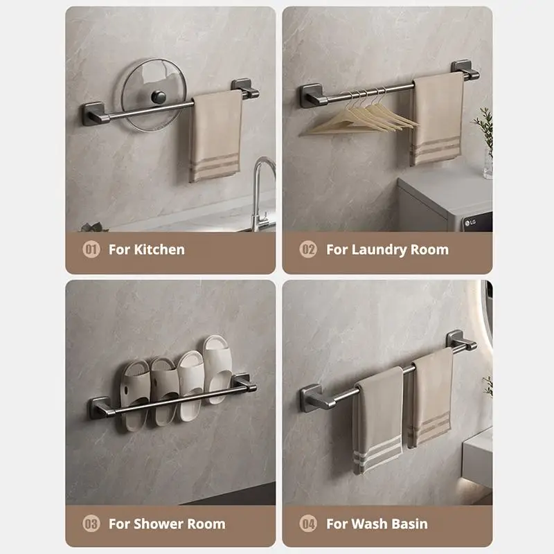 Self-Adhesive Towel Bar Holder Without Drilling Hole Tower Rack Hanger Shelf Storage Bathroom Towel Rod Bath Kitchen Towel Rail