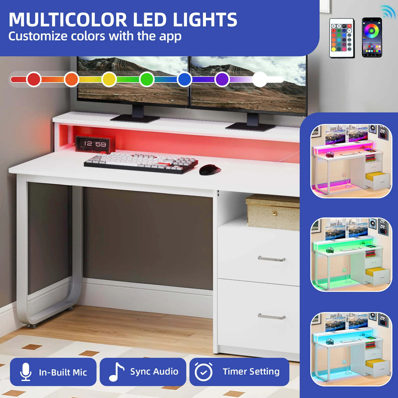 

55" White Computer Desk Table Office w/ File Drawer LED Lights Power Hub Modern
