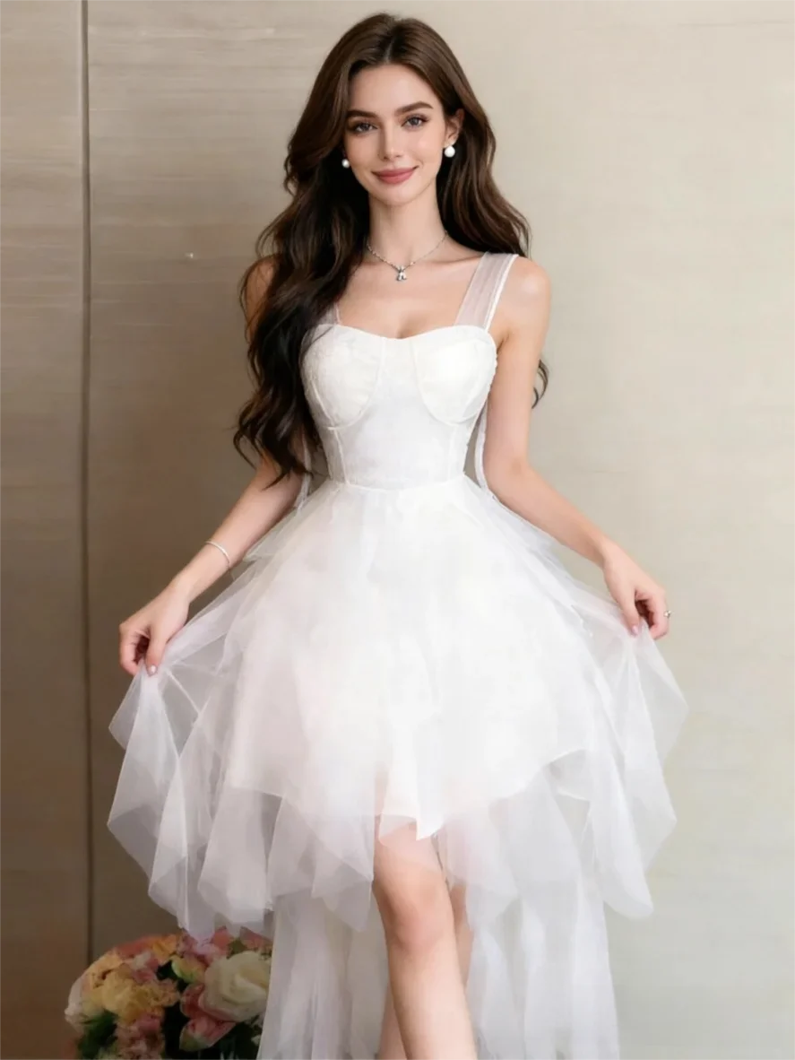 

dresses wedding guest women' s dresses 2026 Sweet Fairy Strapless Tulle Dress Women High Waist Ruffle Irregular Midi Gown White