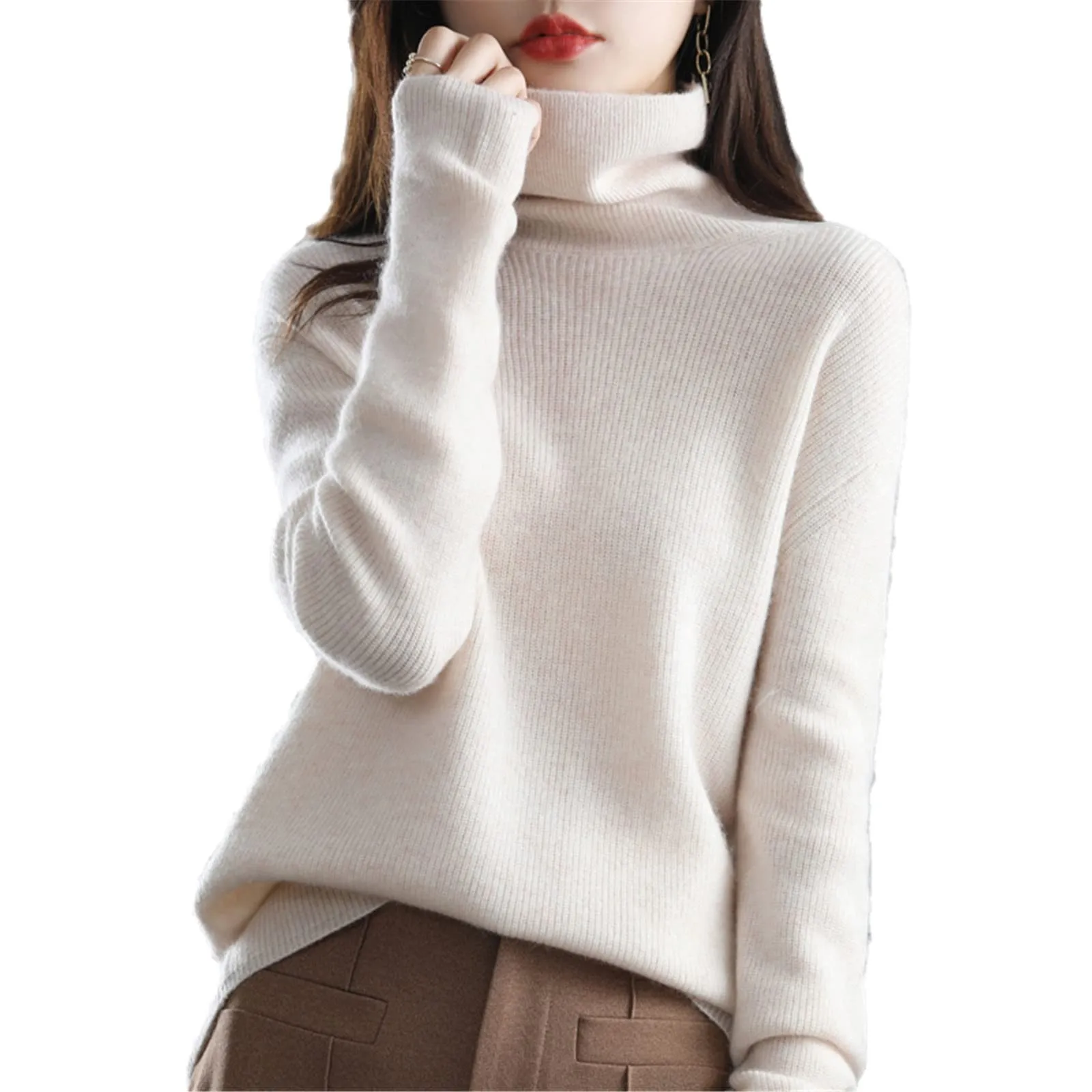 Women\'s Sweater Pullover Cashmere Pullover High Neck Wool Casual Knit Tops Autumn Winter Jacket Warm Pullover