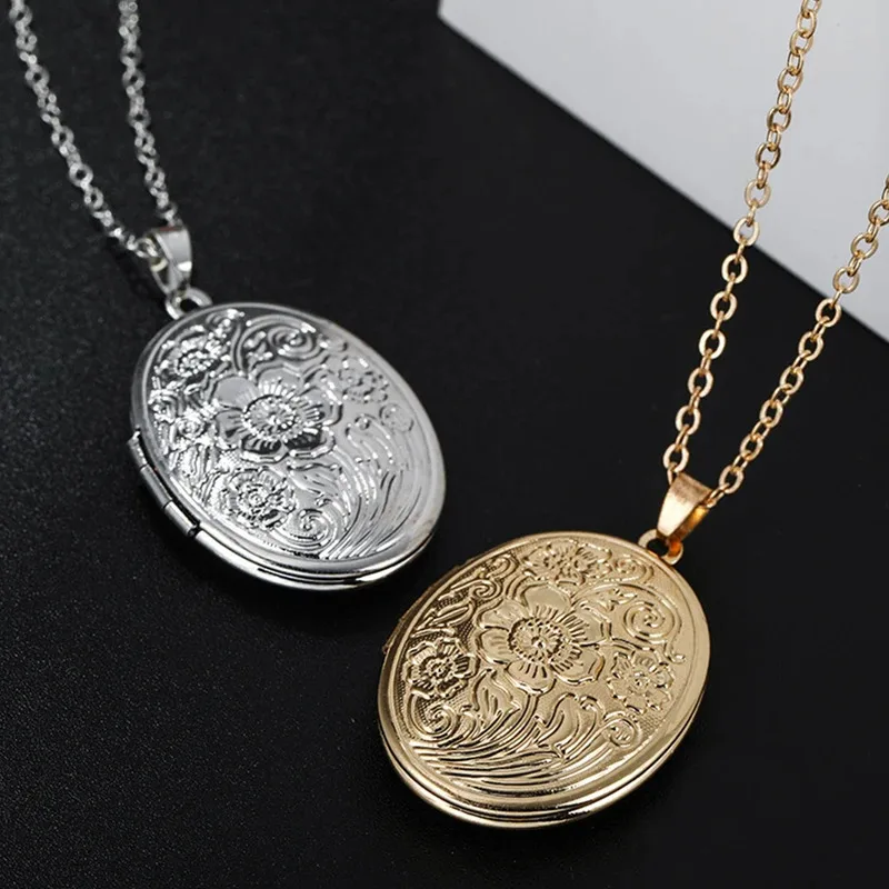 YISON Retro Oval Carved Locket Pendant Necklace for Women Pattern Elliptic Round Love Keepsake Jewelry for Friends Gift
