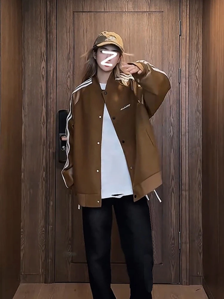 

Brown Patchwork Stripe Men's ort Flight Jaet Autumn Winter Baseball Sle Retro American Coat Loose Fit Breathable Polyester