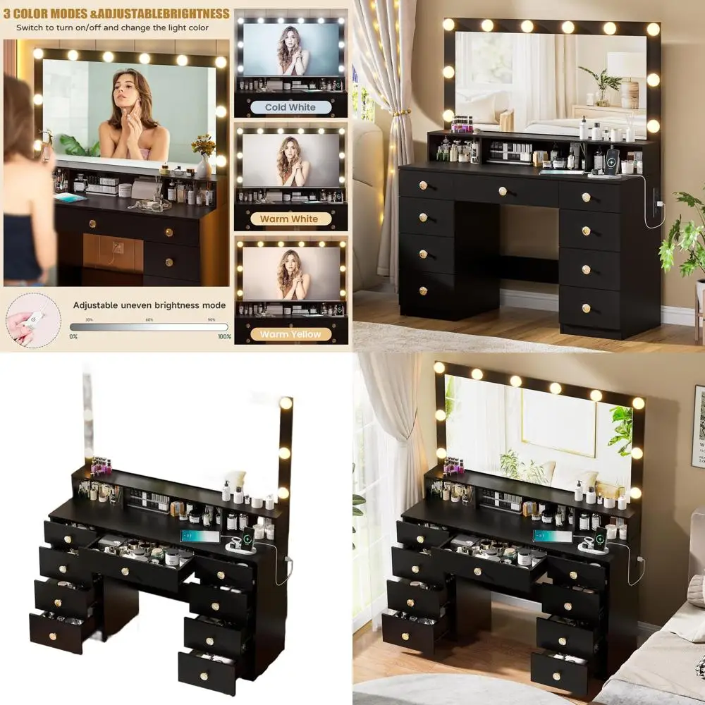 Large Mirrored Makeup Vanity with Lighting, Outlet, Drawers & Shelves, Sleek Black Design for Women's Bedroom