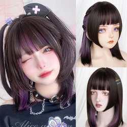 Women Wig Synthetic Natural Straight Black Purple Mixed Cospaly Wig with Heat Resistant Lolita Party Mid-length Hair