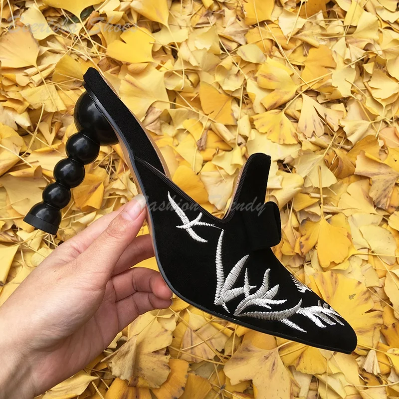 Women White Floral Embroidery Black Suede Heels Hollow Stiletto Pointed Slippers Ethnic Style Casual Concise Design Elegant Shoe