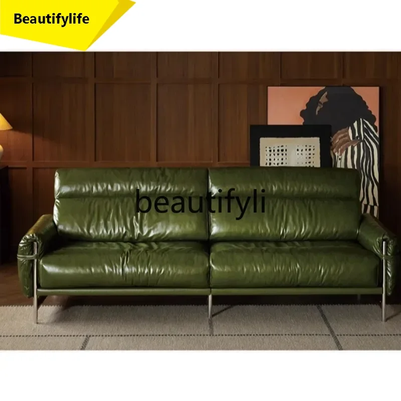 smt1 Modern simple light luxury dark green first-layer cowhide leather sofa living room retro leather art sofa