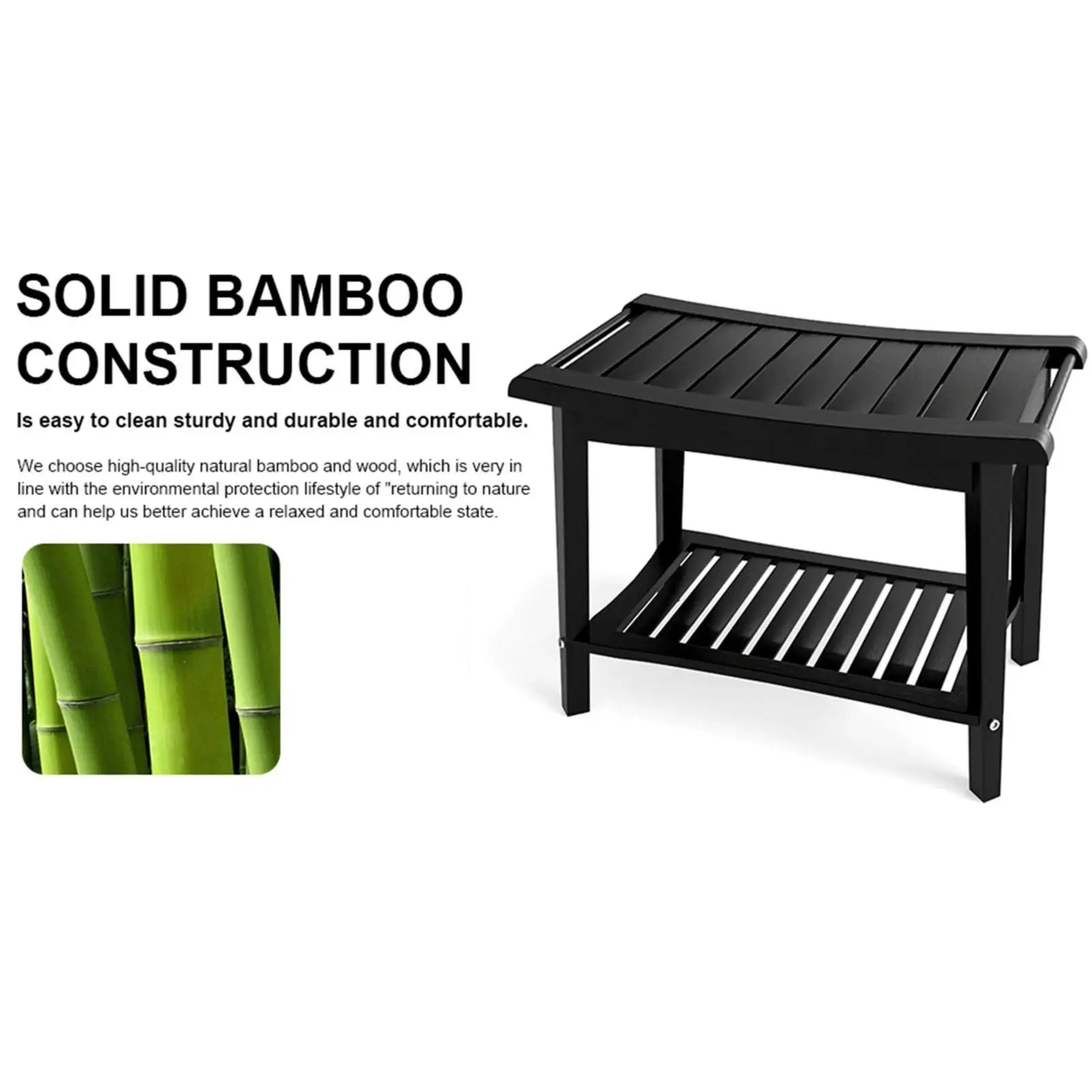 

Shower Bench Wood Water Proof Ergonomic Shower Stool with Storage Shelf for Bathroom Spa Black