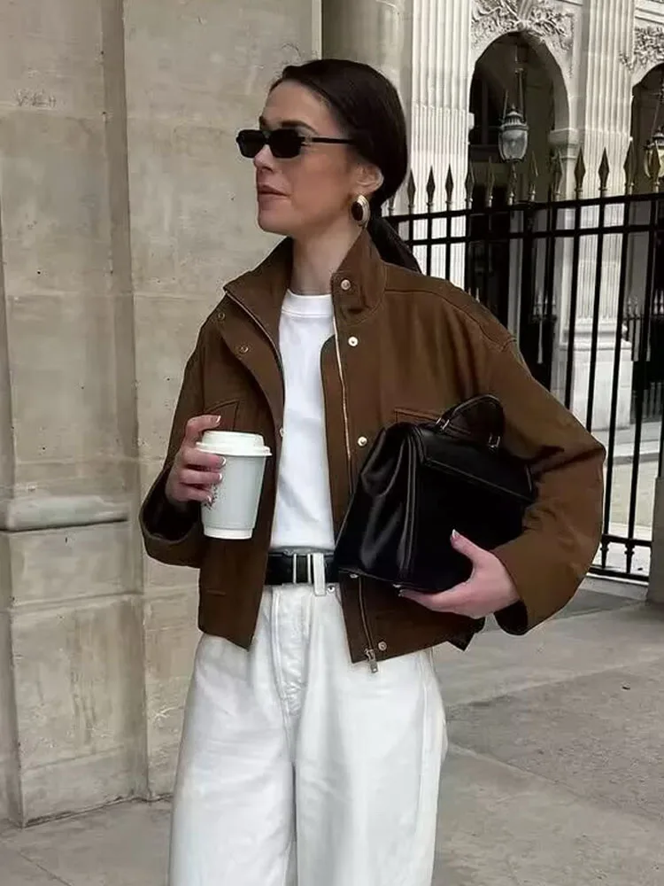 HH Woman Fashion Long Sleeves Zipper High Neck Pockets Decorative Coats Women's Autumn Elegant Suede Textured Street Jacket