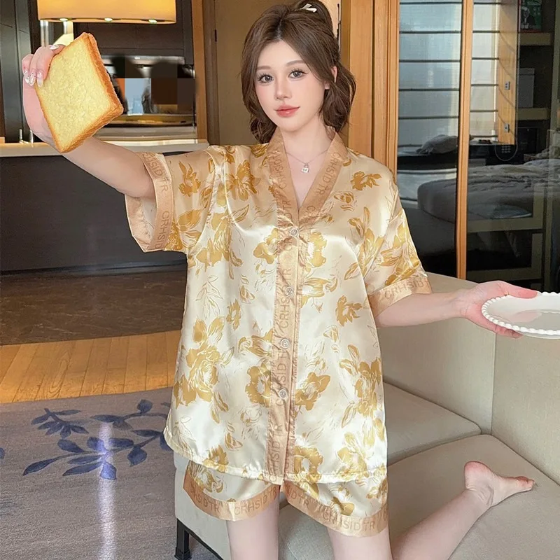 أنيقة الساتان فراشة طباعة الجليد لباس نوم من الحرير قصيرة الأكمام ملابس المنزل مجموعة للنساء الصيف نمط جديد رقيقة قطعتين دعوى
