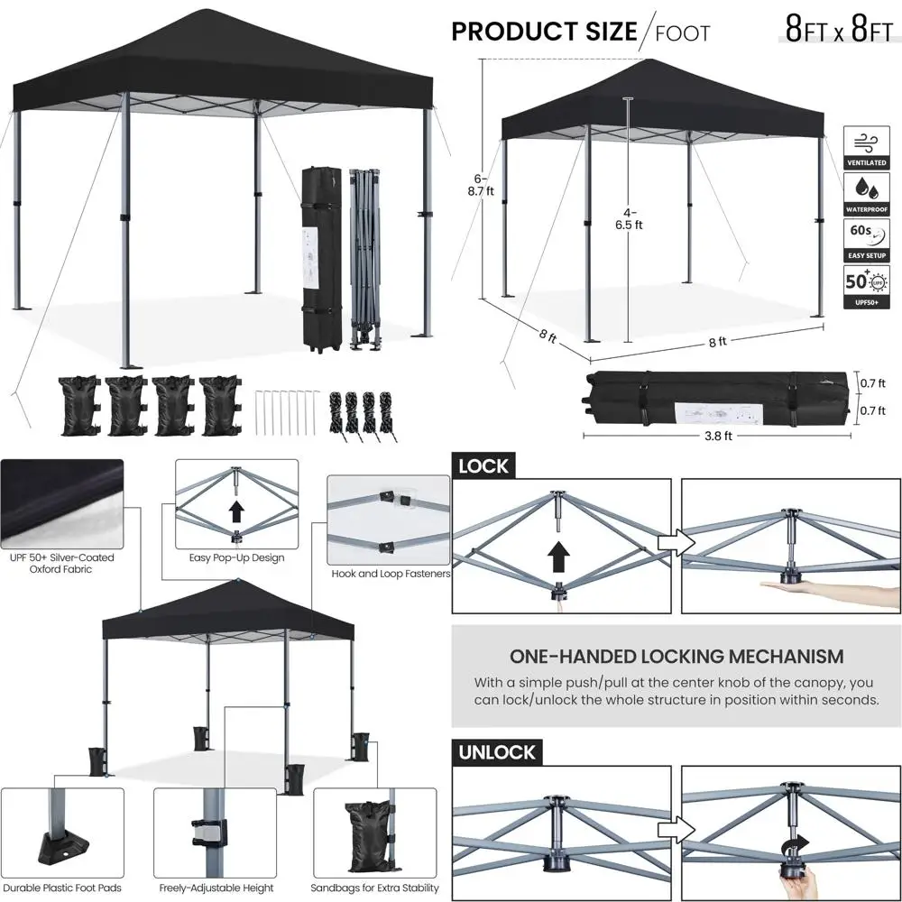 

Portable Outdoor Instant Canopy Tent, 8x8 Easy Setup Pop Up Gazebo, Commercial Grade with Wheeled Carry Bag and 4