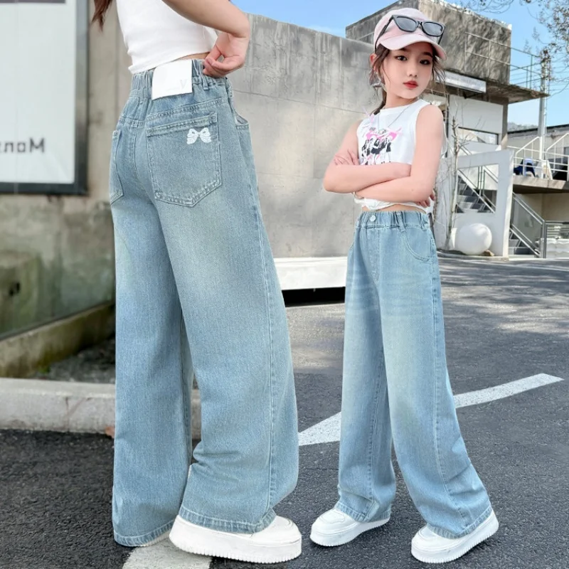 

Girls' jeans with sequined bow wide-leg pants, loose straight-leg jeans suitable for teens' daily wear in summer.