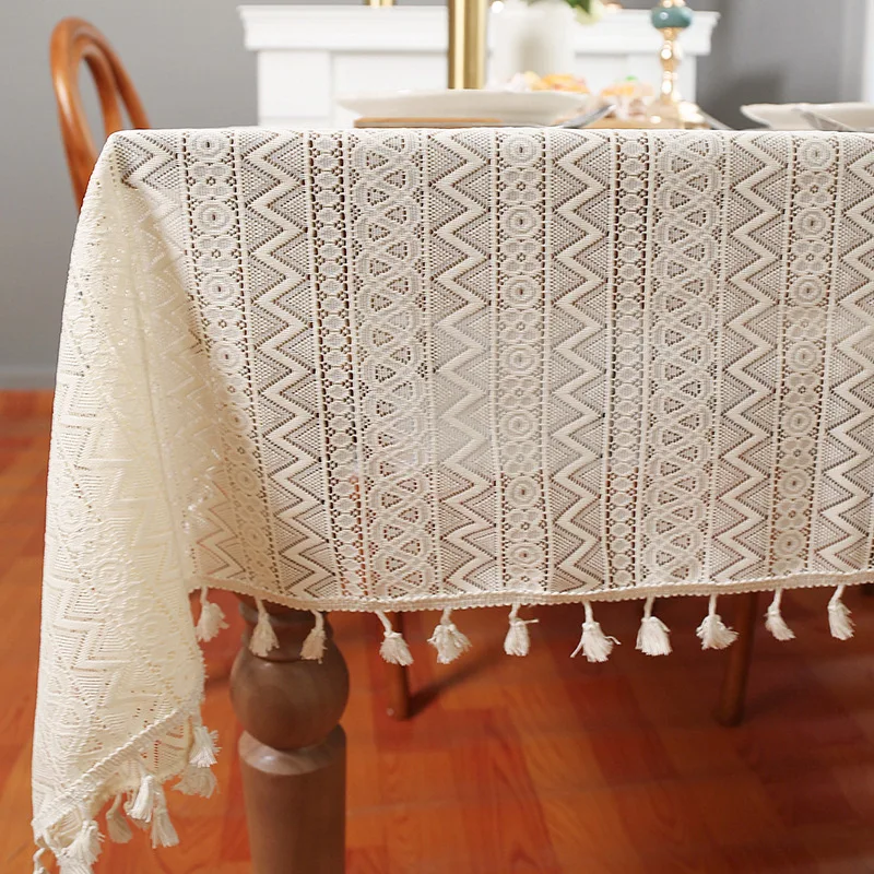 Imagen 5: Mantel de lino y algodón a rayas con borlas, mantel rectangular a prueba de polvo para el hogar, adecuado para decoración de mesa de cocina y comedor