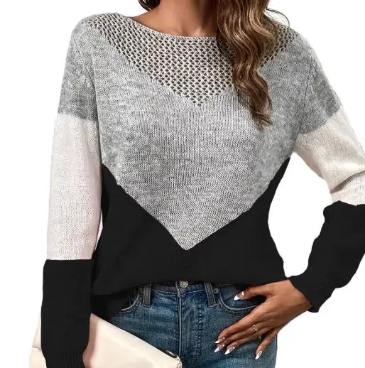 2025 autumn and winter new round neck pullover paired with hollowed out color blocked casual women's long sleeved shirt
