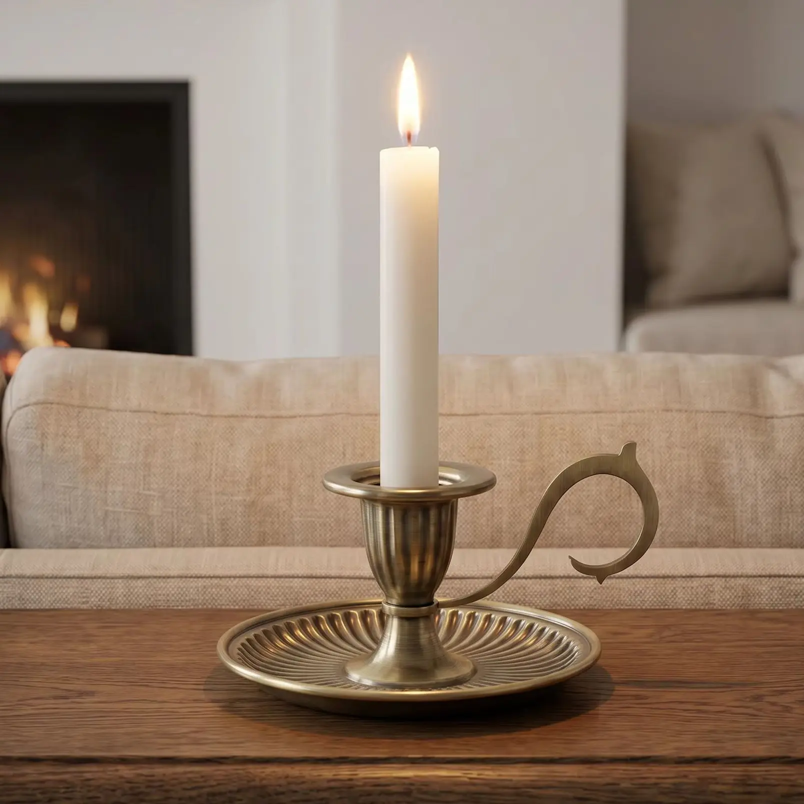 Antique Style Candle Holder Brass/Silver Retro Ribbed Metal Taper Candlestick with Drip Tray for Home Wedding Decor