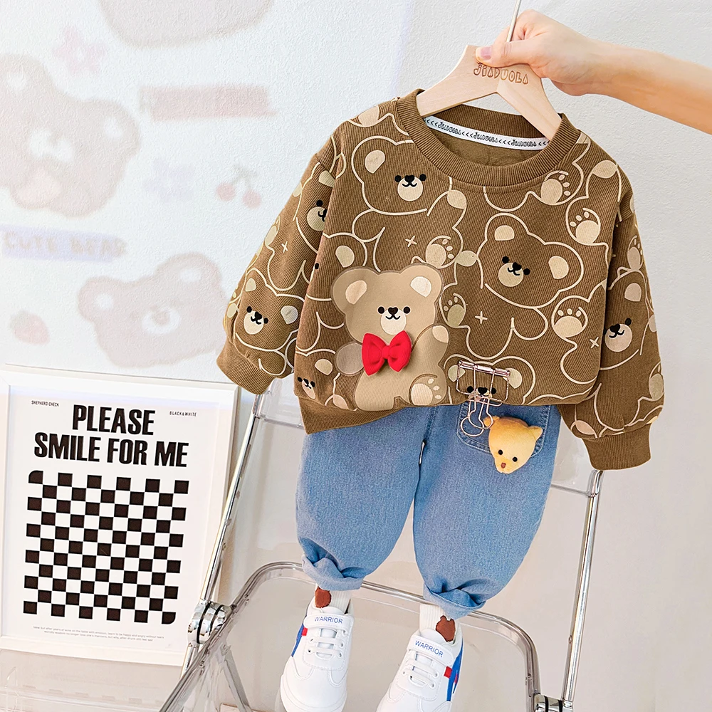 Spring Kids Clothing Sets Baby Boys Girls Cute Bear Long Sleeve T Shirt Jeans 2 Pcs Suit Infant Clothes Outfits Children Costume