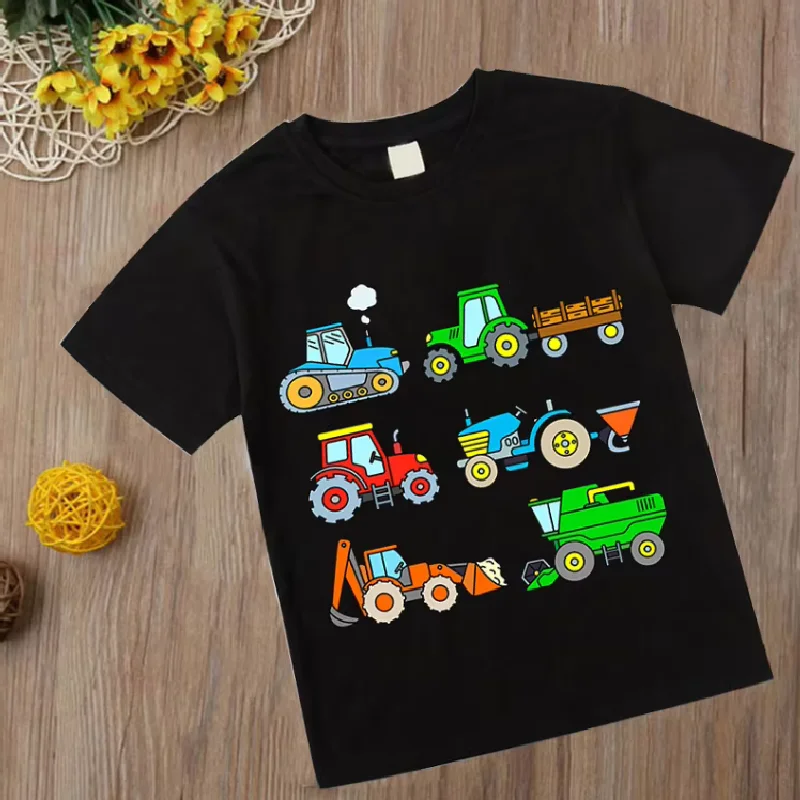 Excavators T Shirt Firetrucks Fire Engines Tshirts Kids Baby Boys Clothes Costume Children Clothing Locomotive Cartoon Car Tops