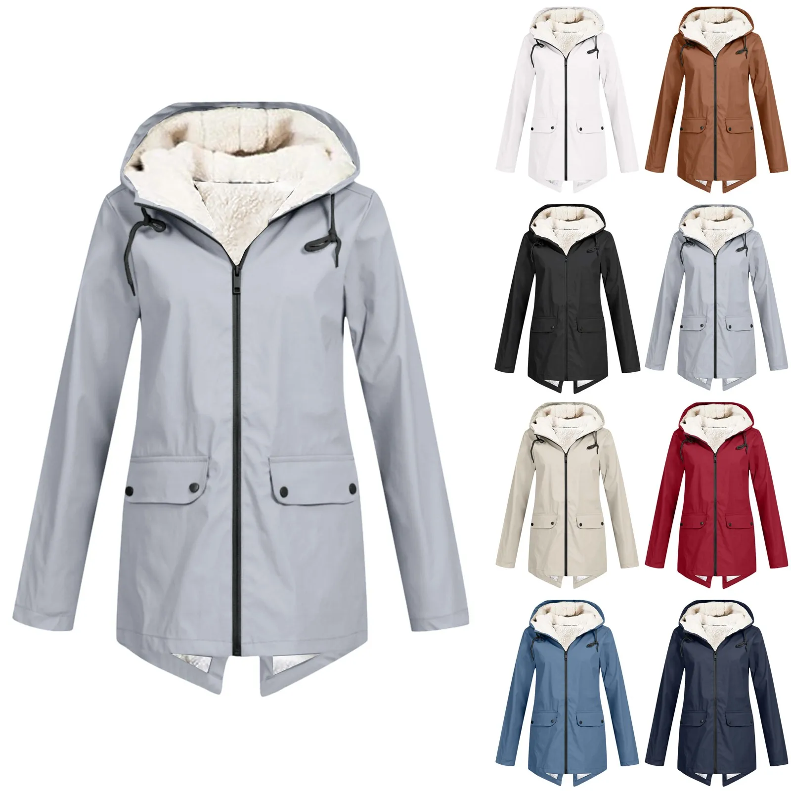 

Women Outdoor Jackets Plus Size Plush Velvet Solid Stripe Rain Jacket Outdoor Plus Waterproof Hooded Raincoat