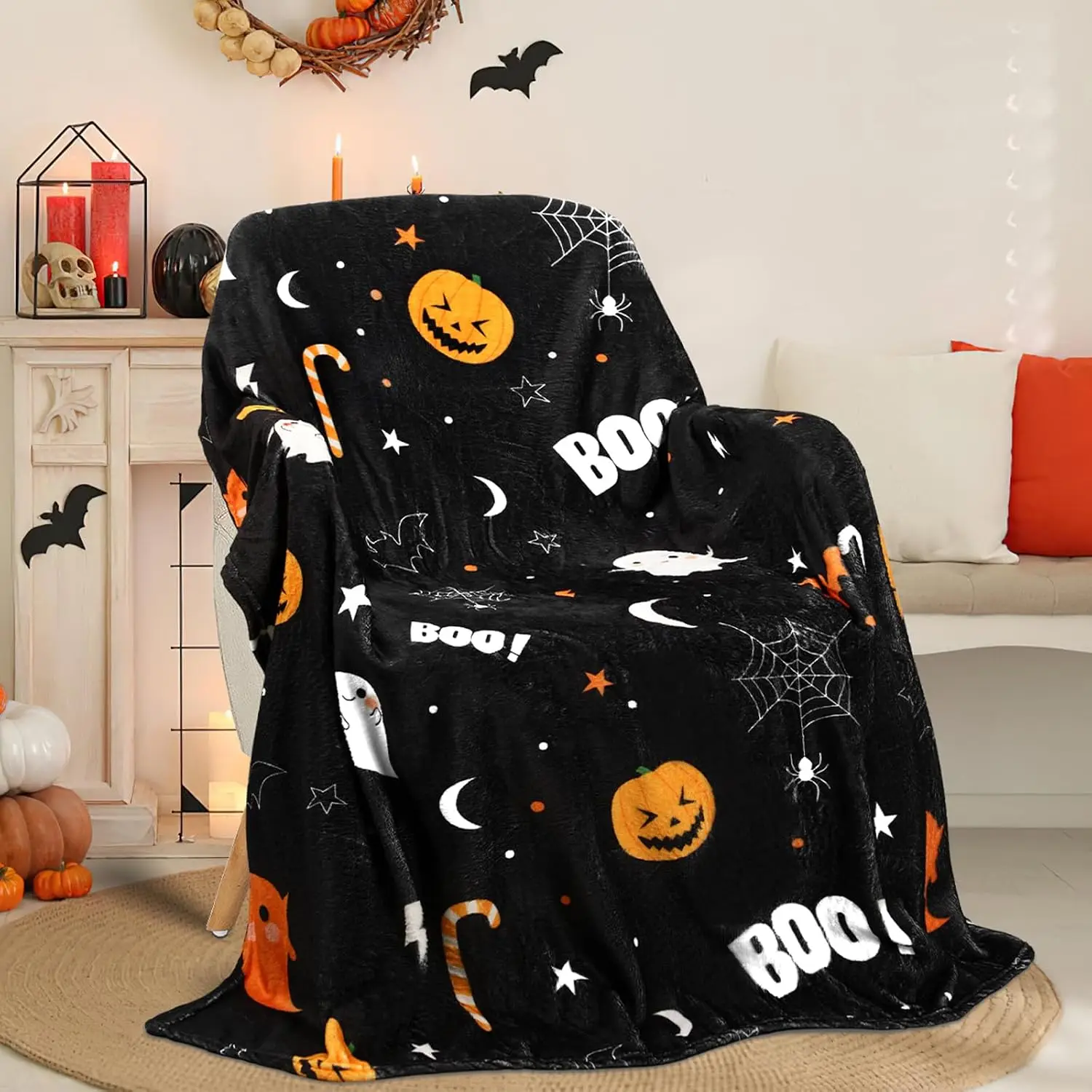 Jansun Halloween Blanket Spooky Ghost Pumpkin Throw for Couch Bed |   Premium Flannel Fleece 50x60, Cozy Warm Breathable, Funny Spider Bat Pattern, Adult Kids Holiday Room Decor