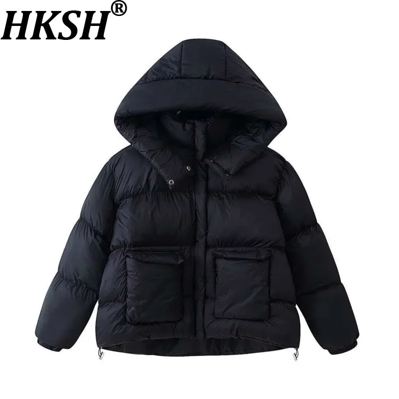 

HKSH Новое зимнее женское пальто с хлопковой подкладкой, повседневное универсальное пальто с капюшоном и карманами на молнии, однотонная элегантная утепленная теплая куртка HK17767